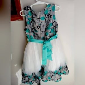Floral teal and white flower girl dress